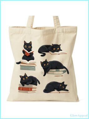Canvas Tote Bag Cat Book Lover Gift with Inner Pocket
